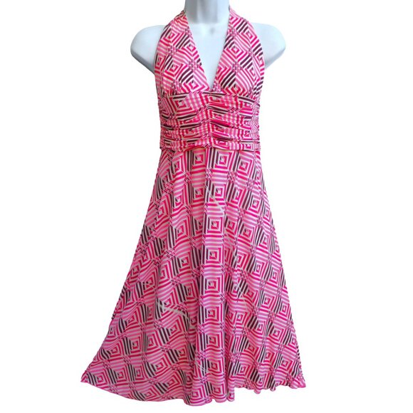 SiLK Trina Turk Midi Halter Dress Lined Ruched Waist Geo Babydoll Hipster 10 USA